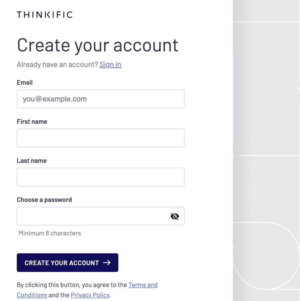 Thinkific signup page 
